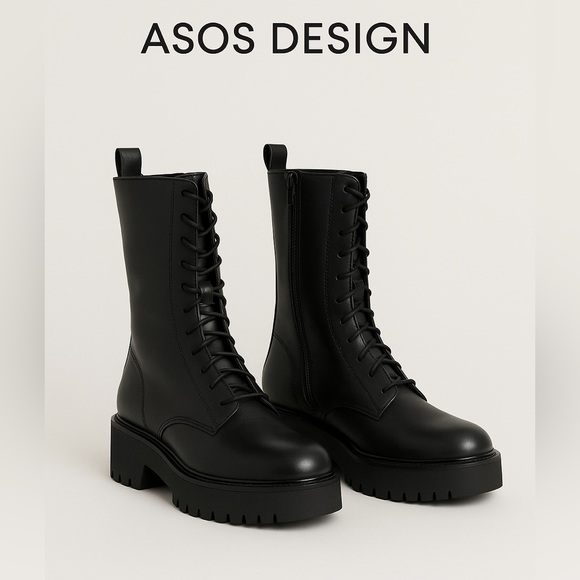 ASOS DESIGN Alpha Premium Leather Lace-Up Boots Black Size 9 | Chunky Platform - Picture 1 of 10